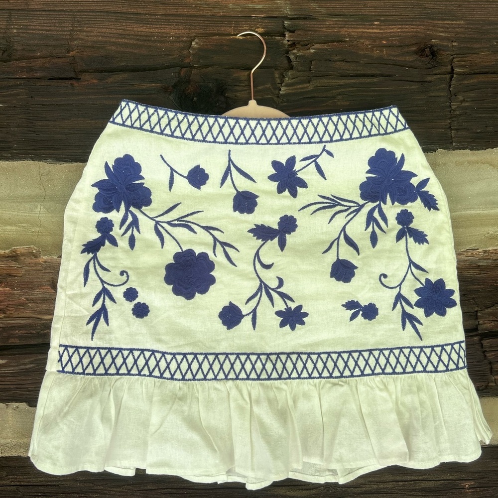 Blue Rain White Skirt with Blue Floral Design